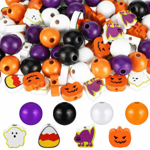 160 Pieces Halloween Thanksgiving Christmas Wood Beads Pumpkin Snowman Wooden Bead Craft Wooden Bead Buffalo Plaid Stripes Style