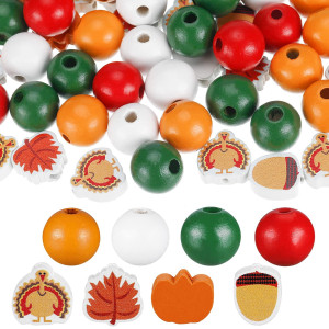 160 Pieces Halloween Thanksgiving Christmas Wood Beads Pumpkin Snowman Wooden Bead Craft Wooden Bead Buffalo Plaid Stripes Style