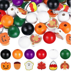 160 Pieces Halloween Thanksgiving Christmas Wood Beads Pumpkin Snowman Wooden Bead Craft Wooden Bead Buffalo Plaid Stripes Style