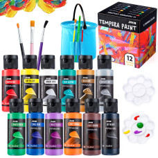 Joyin 12Pcs Washable Kids Tempera Paint Set 2 Oz Each Liquid Poster Paint With 6 Brushes 2 Palette 1 Paint Brush Clean Buc