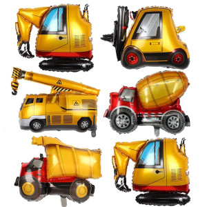 6 Pcs Construction Balloons Excavator Balloon Dump Truck Foil Balloon Forklift Mixer Truck Crane Balloon For Boys Construction B