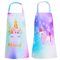 Pashop 2 Pack Kids Apron Rainbow Unicorn Aprons With Pockets For Girls Boys Toddler Apron For Painting Cooking Baking 2 Pcs Rai