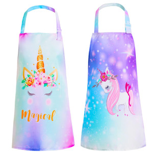 Pashop 2 Pack Kids Apron Rainbow Unicorn Aprons With Pockets For Girls Boys Toddler Apron For Painting Cooking Baking 2 Pcs Rai