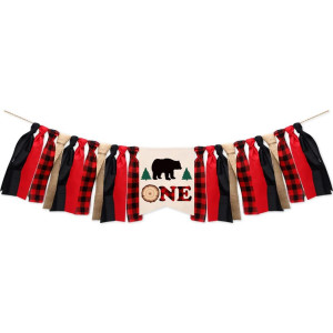 Bchinb Lumberjack First Birthday Party Banner Buffalo Plaid Camping Wild Bear 1St Birthday Party High Chair Banner For Baby Boy