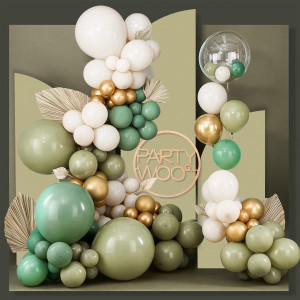 Partywoo 140 Pcs Olive Green Balloon Arch Kit Sage Green Balloon Garland Kit With Cream White Metallic Gold Retro Green Clear B