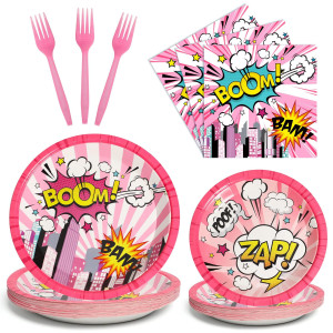 96 Pcs Super Girl Theme Plates And Napkins Party Supplies Pink Comic Hero Tableware Set Super Girl Hero Party Decorations Favors