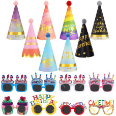 Gersoniel 16 Pcs Birthday Party Hats For Adults Rainbow Colorful Sunglasses Cone Birthday Decorations Supplies Cute Style