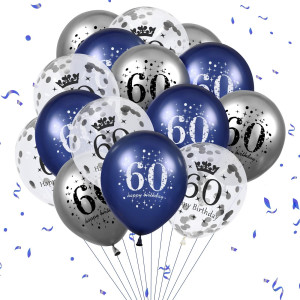 60Th Birthday Balloons Decorations 15 Pcs Navy Blue Silver Latex Inflatable Clear Confetti Balloons For Men Women 60 Anniversar