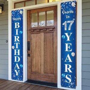 Happy 17Th Birthday Yard Sign Door Banner Cheers To 17 Years Birthday Party Decorations Supplies For Men Women Blue