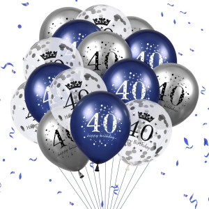 40Th Birthday Balloons Decorations 15 Pcs Navy Blue Silver 40Th Happy Birthday Latex Inflatable Clear Confetti Balloon For Men