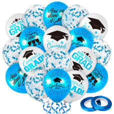 Whaline 60Pcs Graduation Party Balloon Set 7 Designs Sky Blue White Confetti Latex Balloon With 2 Rolls Ribbon Grad Cap Congrats