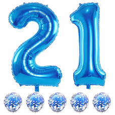 Blue Number 21 Balloons 40 Inch 21St Birthday Balloons With Confetti Helium Latex Balloons Jumbo Digital 1 2 Mylar Foil Ball