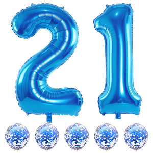 Blue Number 21 Balloons 40 Inch 21St Birthday Balloons With Confetti Helium Latex Balloons Jumbo Digital 1 2 Mylar Foil Ball