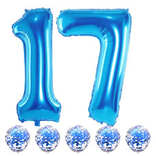 17Th Birthday Balloons Blue For Boys 40 Inch Giant Blue Foil Number 17 Balloons With Confetti Balloons Kit Digit 1 7 Helium