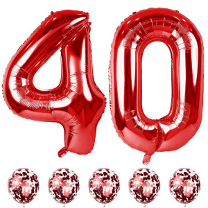 40Th Birthday Balloons For Women 40 Inch Giant Red Foil Number 40 Balloons With Red Confetti Balloons Kit Digit 4 0 Helium B