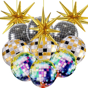 12 Pcs Disco Ball Balloons Huge Gold Explosion Star Aluminum Foil Balloons For Birthday Bachelorette Party 70S 80S 90S Theme