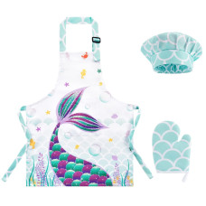 Wernnsai Mermaid Apron Set Waterproof Chef Artist Cooking Aprons For Kids Girls Toddler Kitchen Apron With Adjustable Strap Po