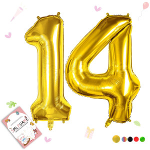 Smlpuame Gold Balloon 40 Inch Number 14 Foil For Birthday Graduation Wedding Anniversary Decorations Includes Glue Tying T