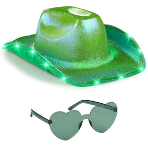 Funcredible Green Light Up Cowboy Hat And Glasses Led Cowgirl Hat For Girls Neon Cowboy Hat Cowgirl Costume Accessories Fo