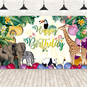 Happy Birthday Banner For Jungle Safari Theme Birthday Party Decorations Fabric Animal Zoo Theme Birthday Party Backdrop Tropic