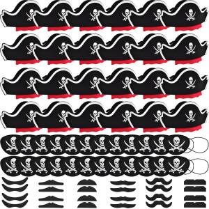 Halatool 72 Pcs Pirate Costume Set For Kids Hats Mustaches Eye Patches Eye Mask Halloween Masquerade Cosplay Party Favors