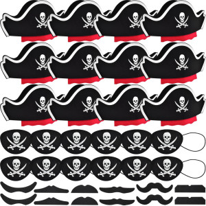 Halatool Pirate Hat Set For Kids 36 Pcs Felt Pirate Hat Skull Print Eye Patches Fake Mustaches Pirate Party Favors For Hall