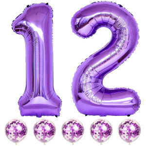 Purple Birthday Balloon Number 12 40 Inch Big Foil Mylar Number 1 And 2 Balloons With Purple Confetti Latex Helium Balloons For