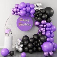 Gremag Purple Balloon Garland Kit 112 Pcs Black Purple Metallic Silver Balloon Arch Kits 5 10 12 18 Inch Latex Balloons For Gr