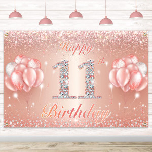 Happy 11Th Birthday Banner Backdrop 11 Birthday Party Decorations Supplies For Girls Or Boys Rose Gold 4 X 7Ft