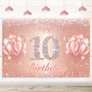 Happy 10Th Birthday Banner Backdrop 10 Birthday Party Decorations Supplies For Girls Or Boys Rose Gold 4 X 6Ft