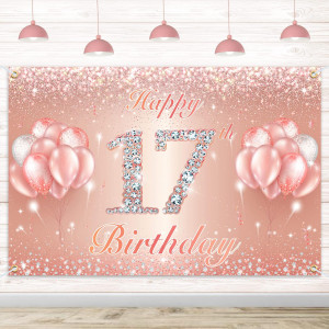 Happy 17Th Birthday Banner Backdrop 17 Birthday Party Decorations Supplies For Girls Or Boys Rose Gold 4 X 6Ft