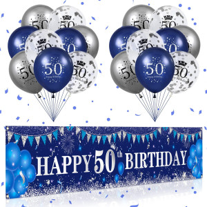 Blue 50Th Birthday Decorations For Men Women Navy Blue Silver Happy 50Th Birthday Banner Backdrop Blue 50Th Birthday Balloons