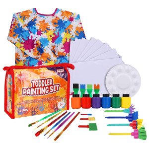 J Mark Toddler Painting Set 38Piece Set With Art Smock 6 Washable Tempera Paints Painting Paper Brushes Sponges Painting