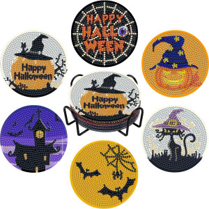 Vcekract Halloween Diamond Painting Coasters Kits 6Pcs Halloween Diamond Painting Coasters With Holder Diamond Painting Kits F