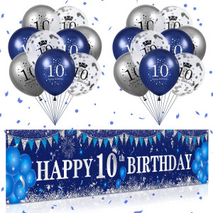 Blue 10Th Birthday Decorations For Boys Girls Navy Blue Silver Happy 10Th Birthday Banner And 10Th Birthday Balloons For 10Th B