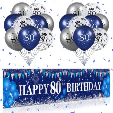 Blue 80Th Birthday Decorations For Men Women Navy Blue Silver Happy 80Th Birthday Yard Banner Blue 80Th Birthday Balloons For