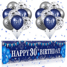 Blue 30Th Birthday Decorations For Men Women Navy Blue Silver Happy 30Th Birthday Yard Banner Blue 30Th Birthday Balloons For