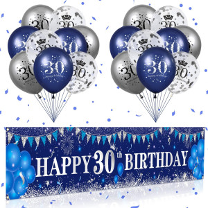 Blue 30Th Birthday Decorations For Men Women Navy Blue Silver Happy 30Th Birthday Yard Banner Blue 30Th Birthday Balloons For