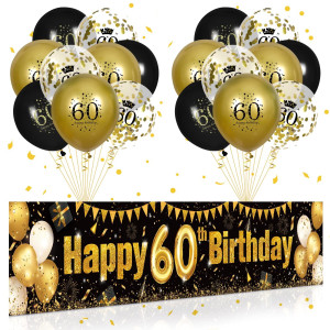 60Th Birthday Decorations For Men Women Black And Gold Black Gold Birthday Yard Banner Sign And 18 Pcs 60Th Happy Birthday Ball