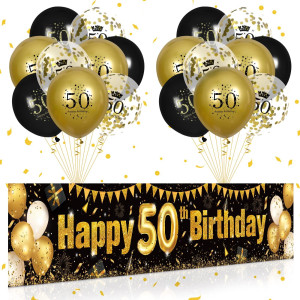 50Th Birthday Decorations For Men Women Black And Gold Black Gold Birthday Yard Banner And 18 Pcs 50Th Happy Birthday Balloons