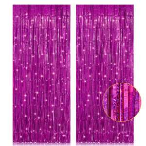 2 Pack 32Ft X 82Ft Hot Pink Metallic Tinsel Foil Fringe Curtains Photo Booth Backdrop Door Curtains Party Streamers For Weddi