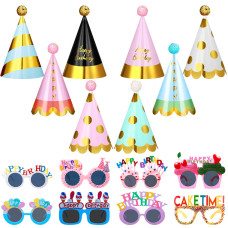 Gersoniel 16 Pcs Birthday Party Hats For Adults Rainbow Colorful Sunglasses Cone Birthday Decorations Supplies Glitter Style