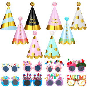 Gersoniel 16 Pcs Birthday Party Hats For Adults Rainbow Colorful Sunglasses Cone Birthday Decorations Supplies Glitter Style