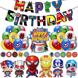 Avenger Birthday Decoration,Superhero Birthday Party Supplies,Marvel Birthday Banner,Superhero Balloons,Spiderman Toppers Cake Toppers,6 Pcs Avenger Large Foil Balloons For Kid'S Boy Girls