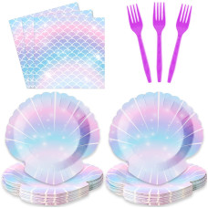 Zoiiwa 96 Pieces Mermaids Themed Party Decorations Mini Under The Sea Party Tableware For Girls Clam Shell Party Dessert Plates