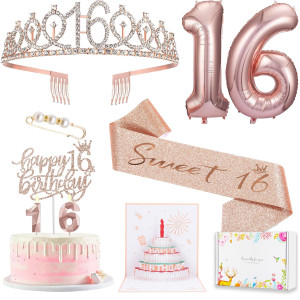 8Pcs Sweet 16 Birthday Decorations For Girls Including 16Th Happy Birthday Cake Toppers Birthday Queen Sash With Pearl Pin Sw