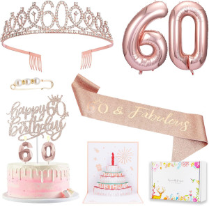 8Pcs 60Th Birthday Gifts Decorations For Women Including 60Th Happy Birthday Cake Toppers Birthday Queen Sash With Pearl Pin