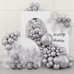 Rubfac 87Pcs Silver Balloons Latex Balloons Different Sizes 18 12 10 5 Inch Metallic Silver Chrome Party Balloon Kit For Birthda