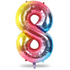 Rainbow Number 8 Balloon For Girls 40 Inch Large Gradient Number 09 Foil Balloons Self Inflating Digital 8 Balloons Set For W