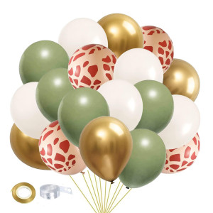 Safari Jungle Balloons Kit 50Pcs Sage Green White Sand Gold Balloons With Animal Print Balloons For Wild One Tropical Party Sup